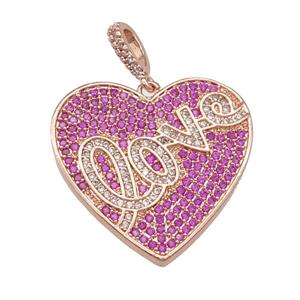 copper Heart pendant pave hotpink zircon, LOVE, rose gold, approx 28mm