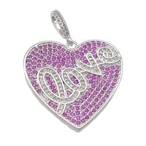 copper Heart pendant pave hotpink zircon, LOVE, platinum plated, approx 28mm