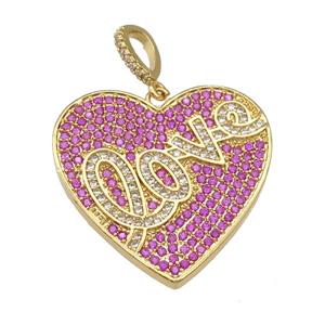 copper Heart pendant pave hotpink zircon, LOVE, gold plated, approx 28mm