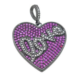copper Heart pendant pave hotpink zircon, LOVE, black plated, approx 28mm