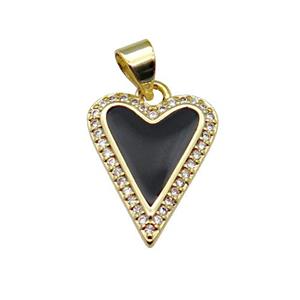 copper Heart pendant pave zircon with black enamel, gold plated, approx 13-16mm