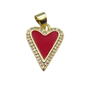 copper Heart pendant pave zircon with red enamel, gold plated, approx 13-16mm