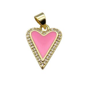 copper Heart pendant pave zircon with pink enamel, gold plated, approx 13-16mm