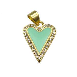 copper Heart pendant pave zircon with green enamel, gold plated, approx 13-16mm