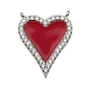 copper Heart pendant pave zircon with red enamel, platinum plated, approx 20-24mm
