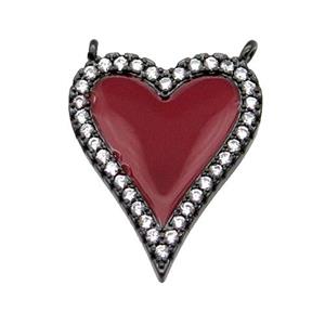 copper Heart pendant pave zircon with red enamel, black plated, approx 20-24mm