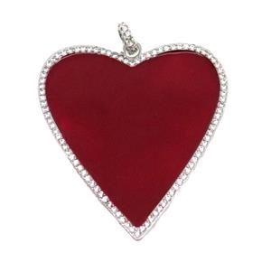 copper Heart pendant pave zircon with red enamel, platinum plated, approx 38-43mm