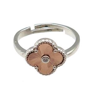 copper Clover Ring, adjustable, platinum plated, approx 12mm, 18mm dia
