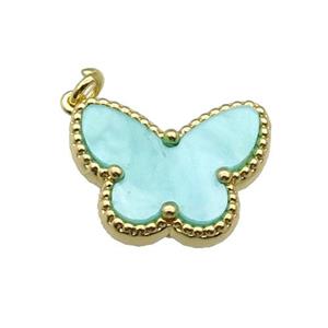 copper Butterfly pendant pave green shell, gold plated, approx 14-18mm