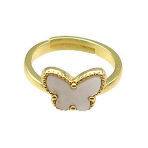 copper Butterfly Ring pave white shell, adjustable, gold plated, approx 10-12mm, 18mm dia