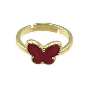 copper Butterfly Ring pave red shell, adjustable, gold plated, approx 10-12mm, 18mm dia