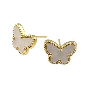 copper Butterfly Stud Earring pave white shell, gold plated, approx 9-12mm