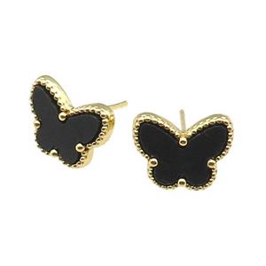 copper Butterfly Stud Earring pave black shell, gold plated, approx 9-12mm