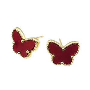 copper Butterfly Stud Earring pave red shell, gold plated, approx 9-12mm