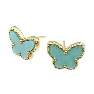 copper Butterfly Stud Earring pave green shell, gold plated, approx 9-12mm
