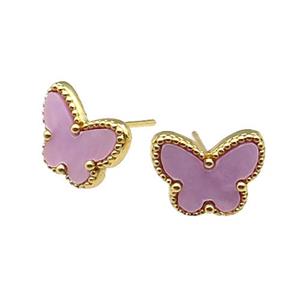 copper Butterfly Stud Earring pave lavender shell, gold plated, approx 9-12mm