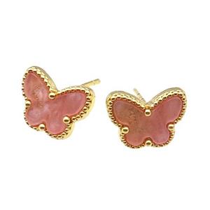 copper Butterfly Stud Earring pave pink shell, gold plated, approx 9-12mm