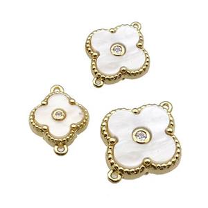 copper Clover connector pave white shell, gold plated, approx 10mm