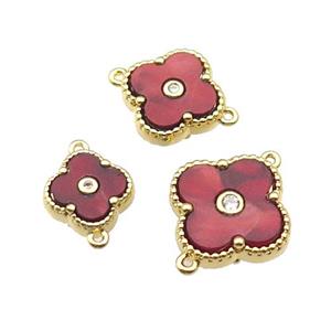 copper Clover connector pave red shell, gold plated, approx 15mm