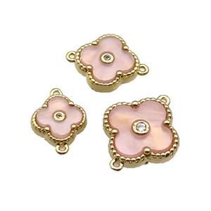 copper Clover connector pave pink shell, gold plated, approx 10mm