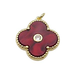 copper Clover pendant pave red shell, gold plated, approx 18mm