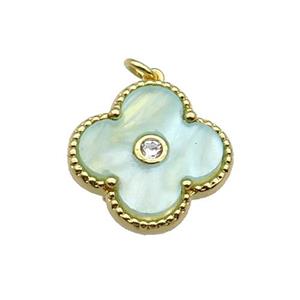 copper Clover pendant pave green shell, gold plated, approx 18mm
