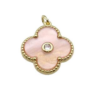 copper Clover pendant pave peach shell, gold plated, approx 18mm