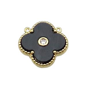 copper Clover pendant pave black shell, gold plated, approx 18mm
