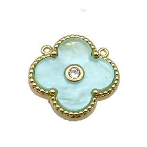 copper Clover pendant pave green shell, gold plated, approx 18mm