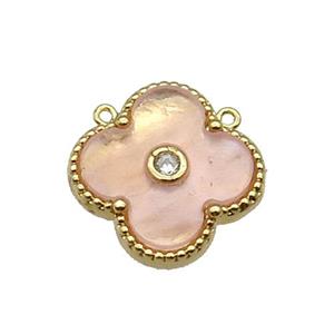 copper Clover pendant pave peach shell, gold plated, approx 18mm