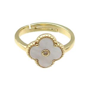 copper Clover Ring pave white shell, gold plated, approx 12mm, 18mm dia
