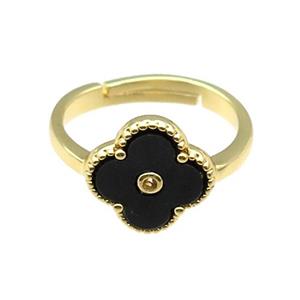 copper Clover Ring pave black shell, gold plated, approx 12mm, 18mm dia