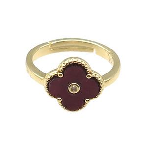 copper Clover Ring pave darkred shell, gold plated, approx 12mm, 18mm dia