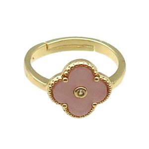 copper Clover Ring pave peach shell, gold plated, approx 12mm, 18mm dia