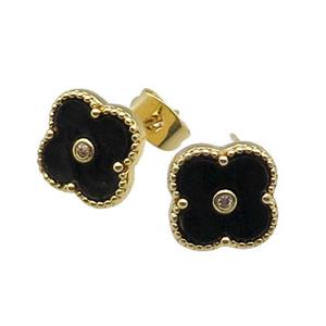 copper Colover Stud Earring pave black shell, gold plated, approx 12mm