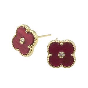 copper Colover Stud Earring pave red shell, gold plated, approx 12mm
