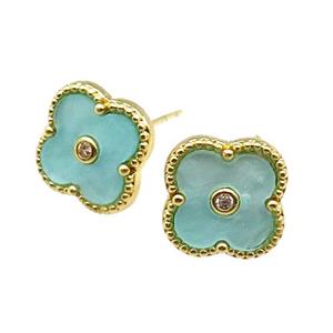 copper Colover Stud Earring pave green shell, gold plated, approx 12mm