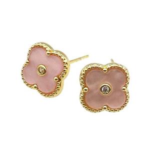 copper Colover Stud Earring pave peach shell, gold plated, approx 12mm
