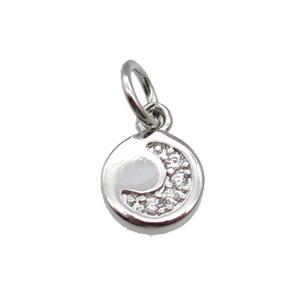 copper circle moon pendant paved zircon, platinum plated, approx 7mm