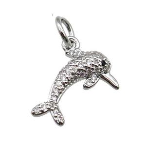 copper dolphin pendant paved zircon, platinum plated, approx 10-14mm