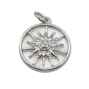 copper circle sunflower pendant pave zircon, shell, platinum plated, approx 15mm dia