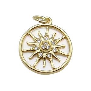 copper circle sunflower pendant pave zircon, shell, gold plated, approx 15mm dia