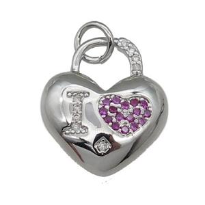 copper Heart pendant pave zircon, I-LOVE, platinum plated, approx 15mm