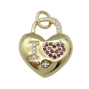 copper Heart pendant pave zircon, I-LOVE, gold plated, approx 15mm