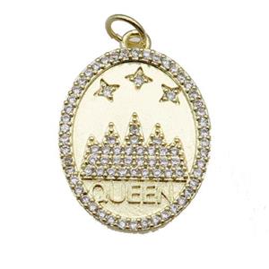 copper oval pendant pave zircon, castle, gold plated, approx 16-21mm