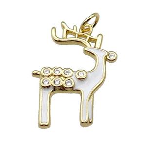 copper reindeer pendant pave zircon with white enamel, gold plated, approx 18-24mm