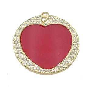 copper circle Heart pendant pave red agate, zircon, gold plated, approx 27mm dia