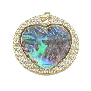 copper circle Heart pendant pave abalone shell, zircon, gold plated, approx 27mm dia