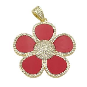 copper Flower pendant pave red agate, zircon, gold plated, approx 38mm