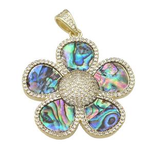 copper Flower pendant pave abalone shell, zircon, gold plated, approx 38mm